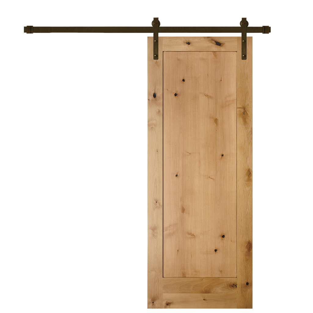 Rustic 1-Panel Unfinished American Knotty Alder Wood Interior Sliding Barn Door with Oil Rubbed Bronze Hardware Kit from Pacific Pride.