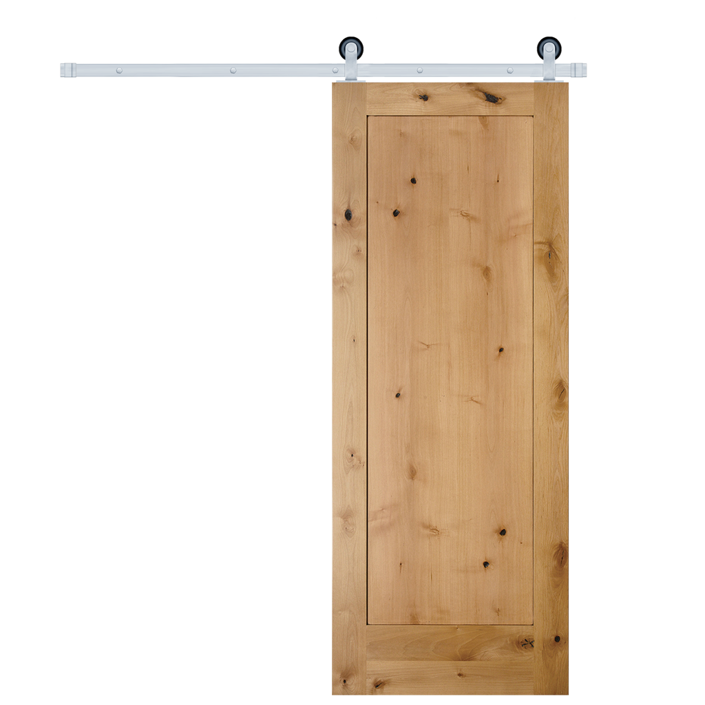 Rustic 1-Panel Unfinished American Knotty Alder Wood Interior Sliding Barn Door with Satin Nickel Hardware Kit from Pacific Pride.