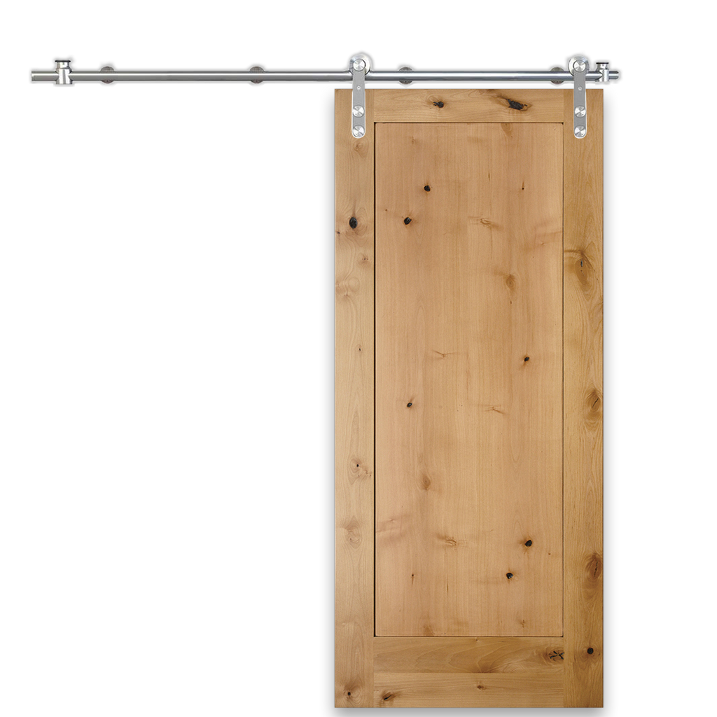 Rustic 1-Panel Unfinished American Knotty Alder Wood Interior Sliding Barn Door with Round Stainless Steel Hardware Kit from Pacific Pride.