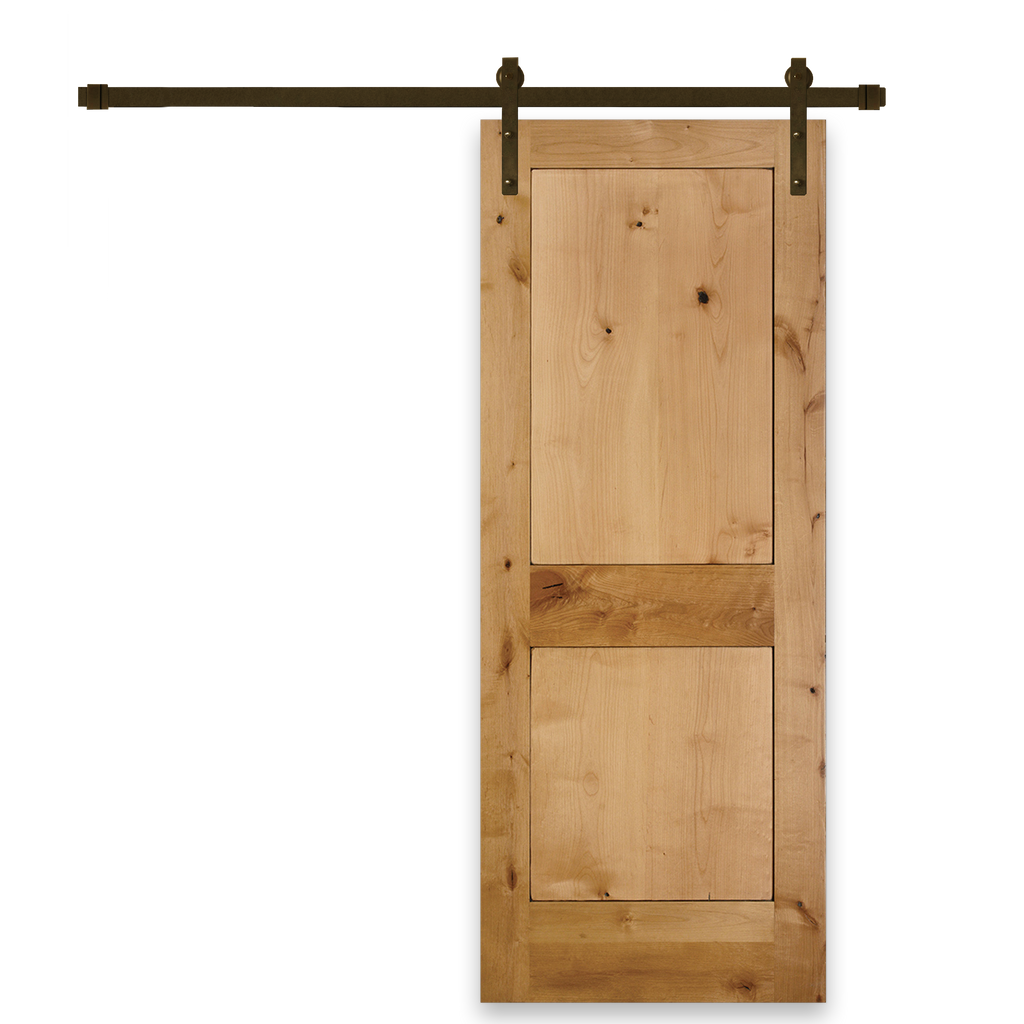 Rustic 2-Panel Unfinished American Knotty Alder Wood Interior Sliding Barn Door with Oil Rubbed Bronze Hardware Kit from Pacific Pride.