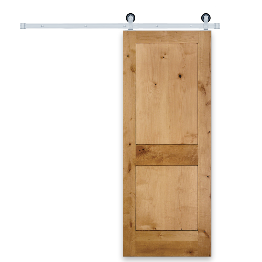 Rustic 2-Panel Unfinished American Knotty Alder Wood Interior Sliding Barn Door with Satin Nickel Hardware Kit from Pacific Pride.