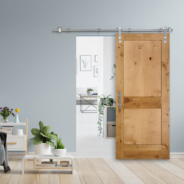 Rustic 2-Panel Unfinished American Knotty Alder Wood Interior Sliding Barn Door with Round Stainless Steel Hardware Kit from Pacific Pride.