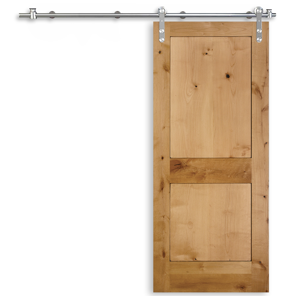Rustic 2-Panel Unfinished American Knotty Alder Wood Interior Sliding Barn Door with Round Stainless Steel Hardware Kit from Pacific Pride.