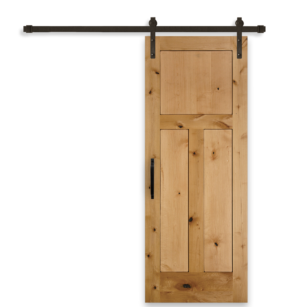Rustic 3-Panel Unfinished American Knotty Alder Wood Interior Sliding Barn Door with Oil Rubbed Bronze Hardware Kit from Pacific Pride.
