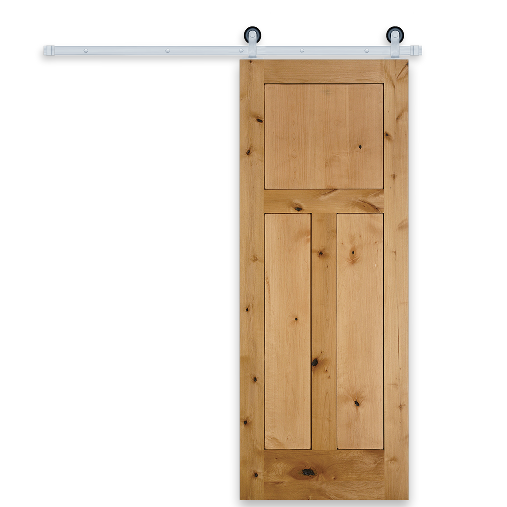 Rustic 3-Panel Unfinished American Knotty Alder Wood Interior Sliding Barn Door with Satin Nickel Hardware Kit from Pacific Pride.