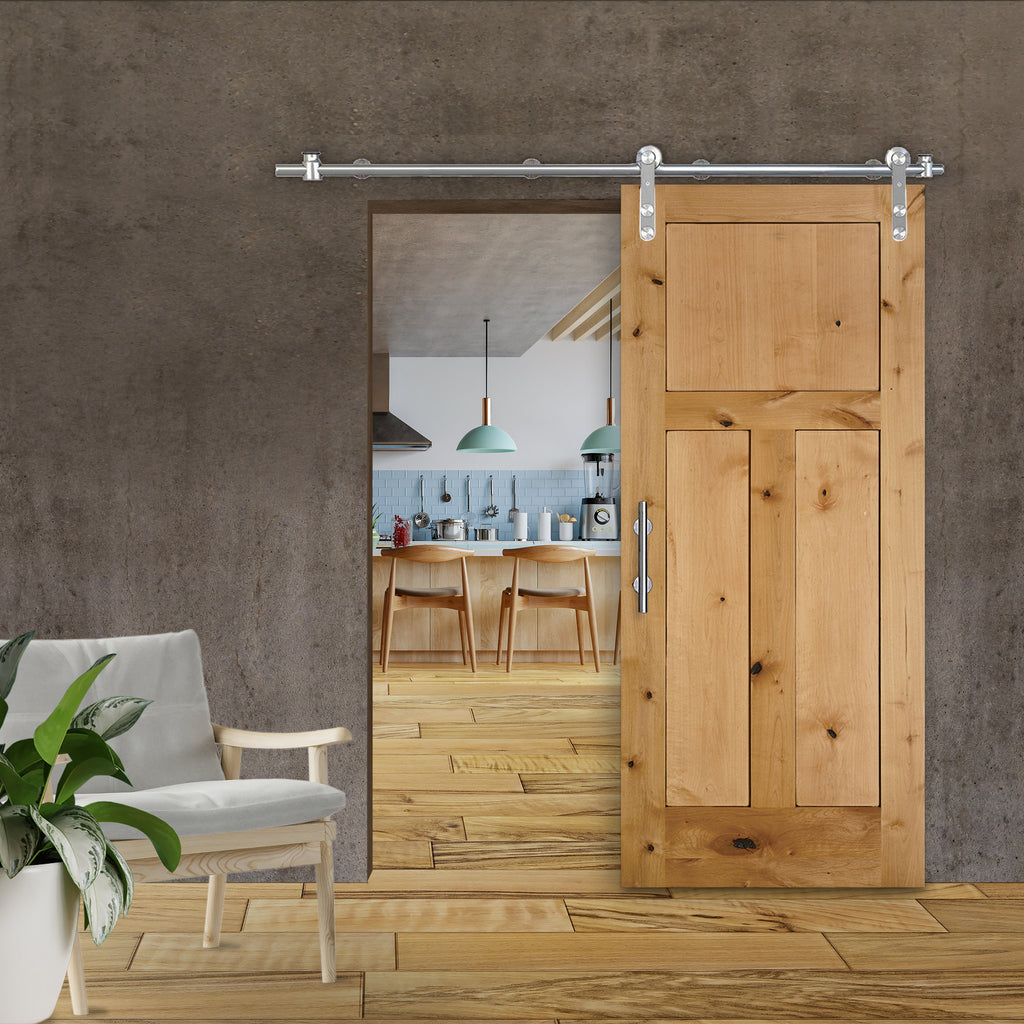Rustic 3-Panel Unfinished American Knotty Alder Wood Interior Sliding Barn Door with Round Stainless Steel Hardware Kit from Pacific Pride.