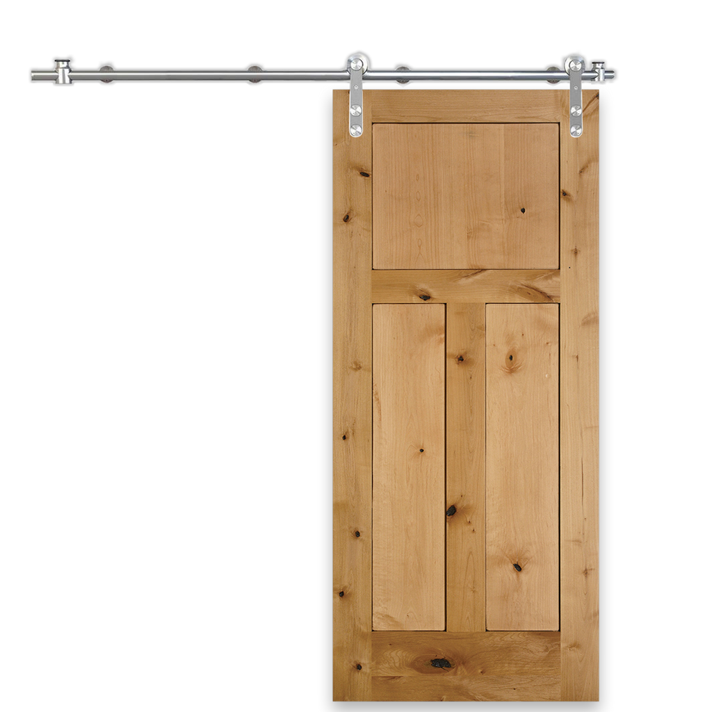 Rustic 3-Panel Unfinished American Knotty Alder Wood Interior Sliding Barn Door with Round Stainless Steel Hardware Kit from Pacific Pride.
