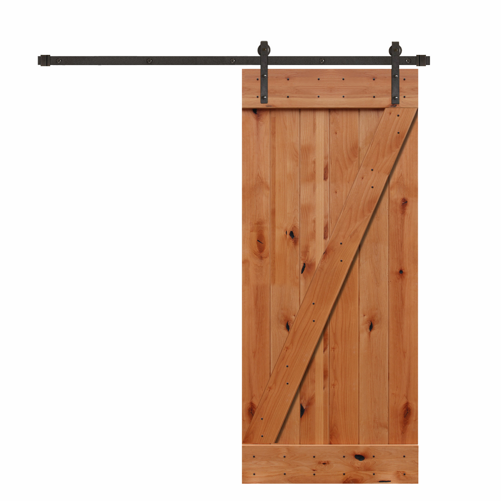 Rustic Unfinished Z-Panel Plank American Knotty Alder Sliding Barn Door Kit with Oil Rubbed Bronze Hardware Kit from Pacific Pride
