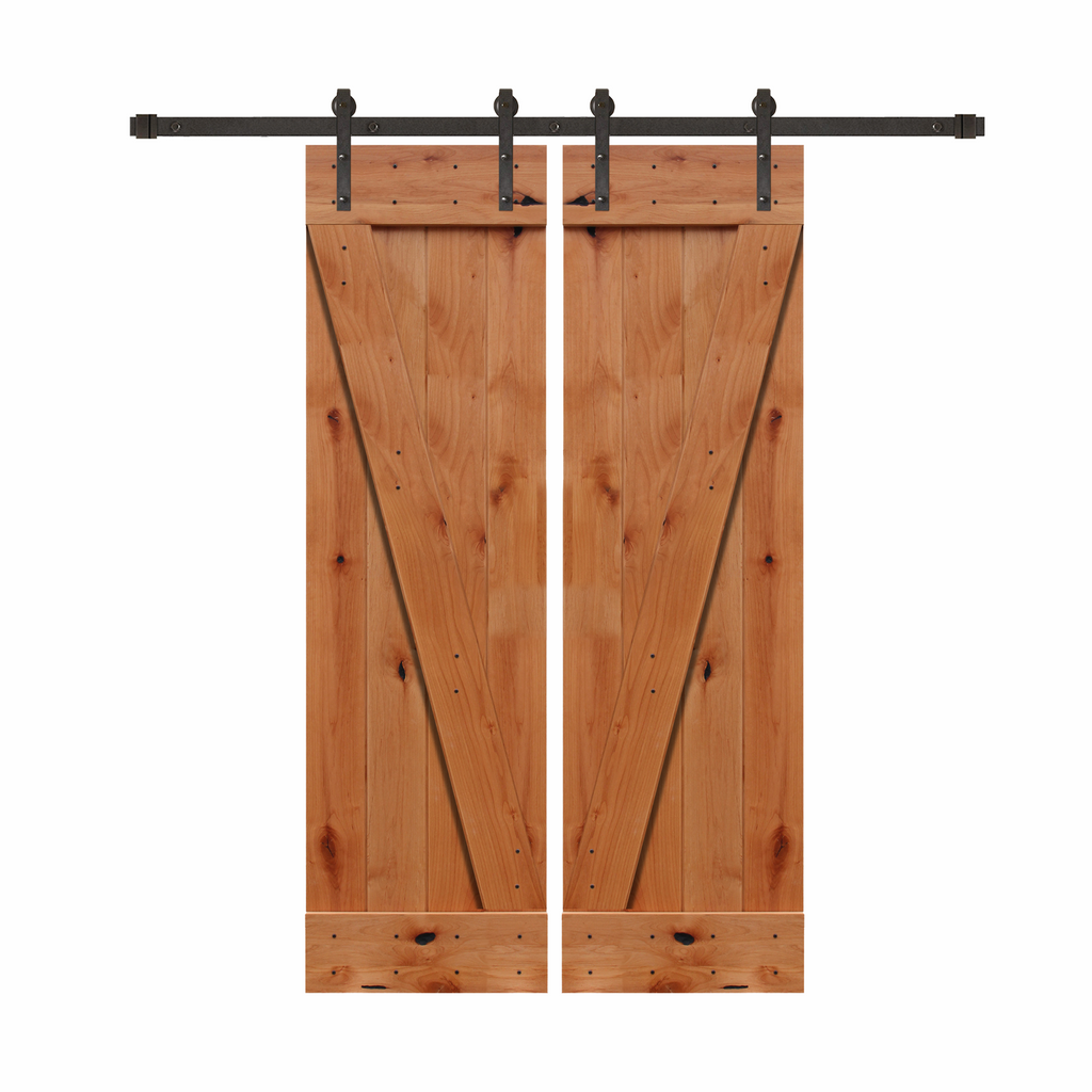 Bi-Part Rustic Unfinished Plank Knotty Alder Sliding Barn Door Kit with Oil-Rubbed Bronze Hardware Kit