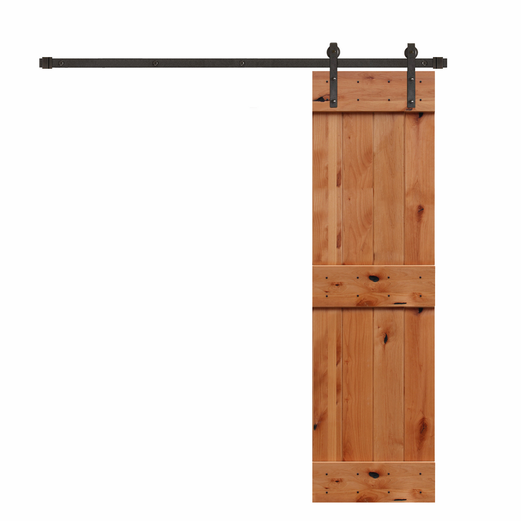 Rustic Unfinished 2-Panel Plank American Knotty Alder Sliding Barn Door Kit with Oil Rubbed Bronze Hardware Kit from Pacific Pride