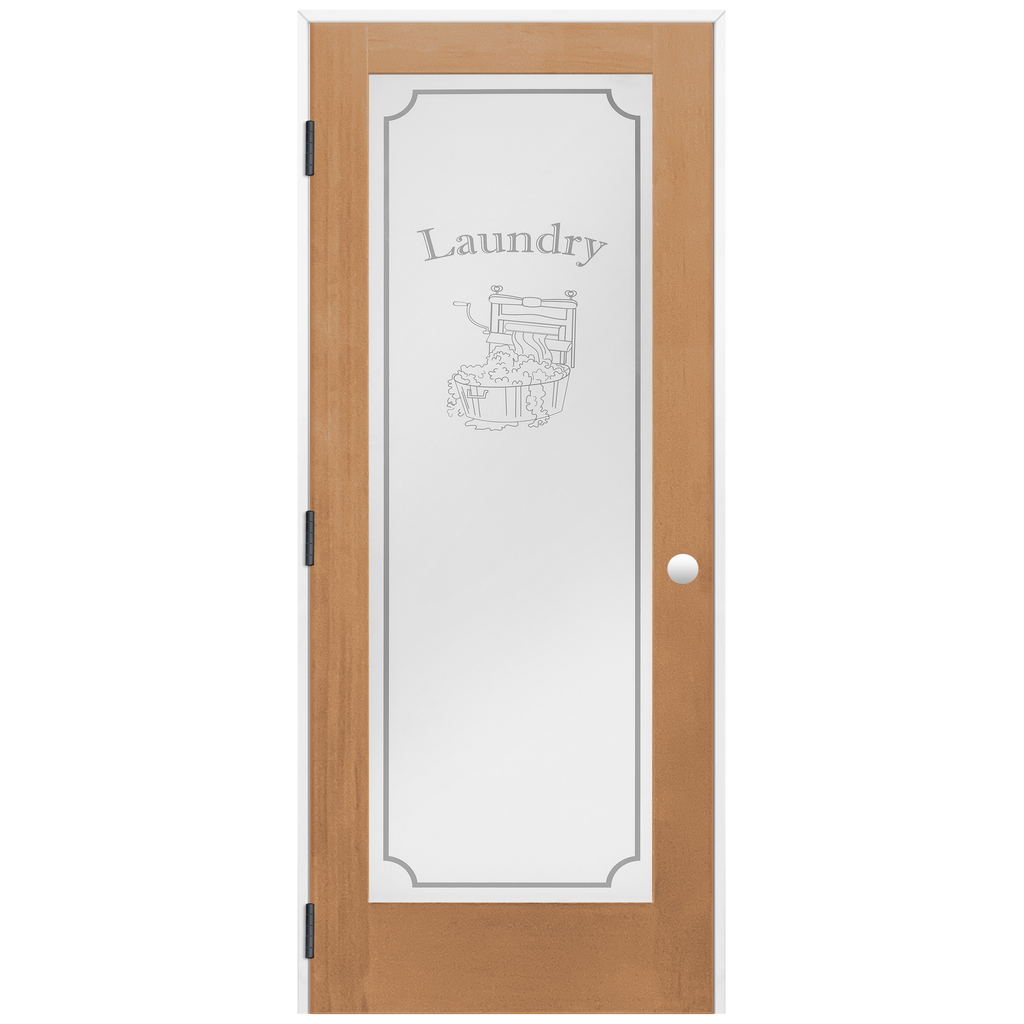 Laundry Graphic Frosted Glass Unfinished Vertical Grain Fir Prehung Interior Swinging Door with with a Primed Pine Wood Jamb and Bronze Hinges