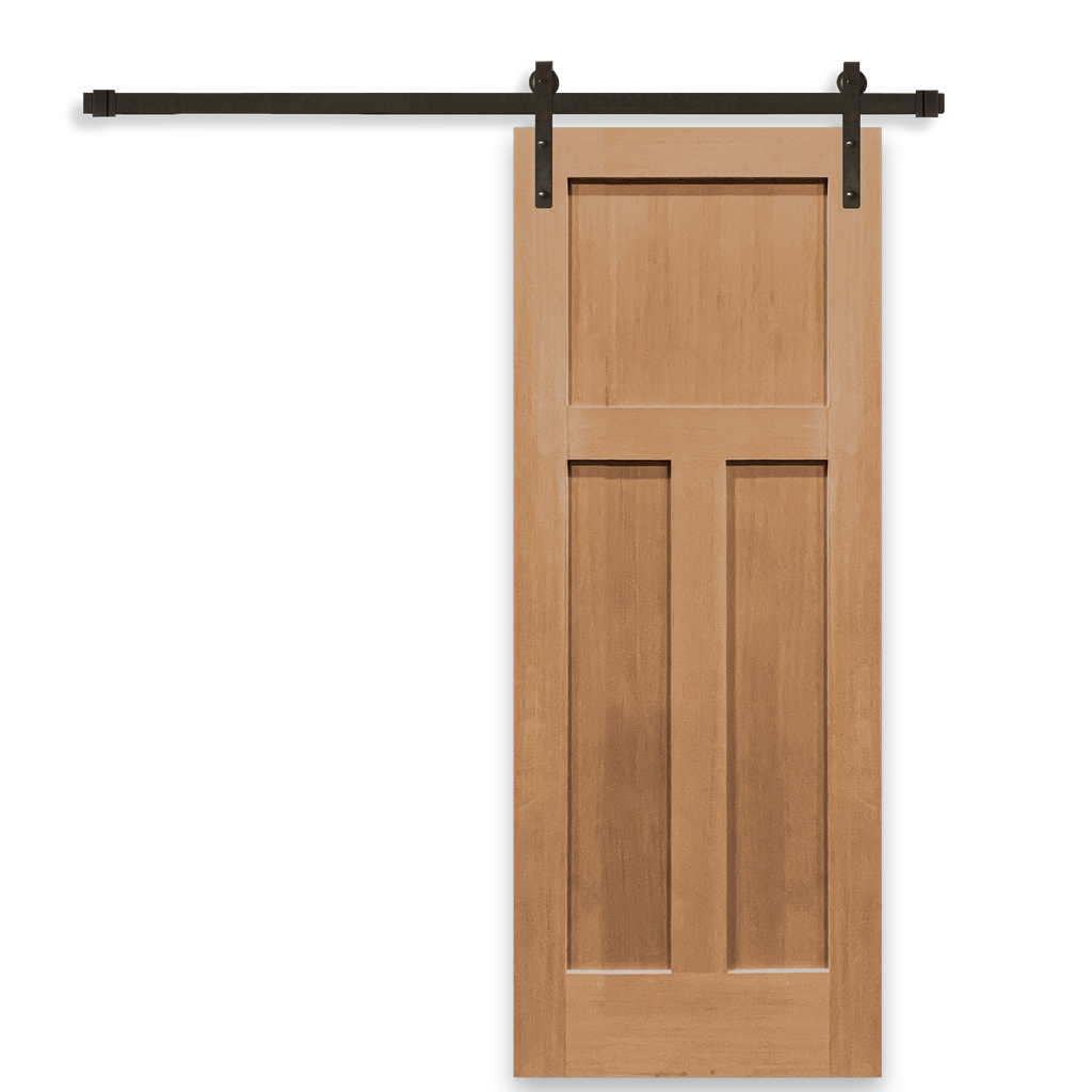 Craftsman Unfinished 3-Panel Vertical Grain Fir Wood Interior Sliding Barn Door with Oil Rubbed Bronze Hardware Kit.