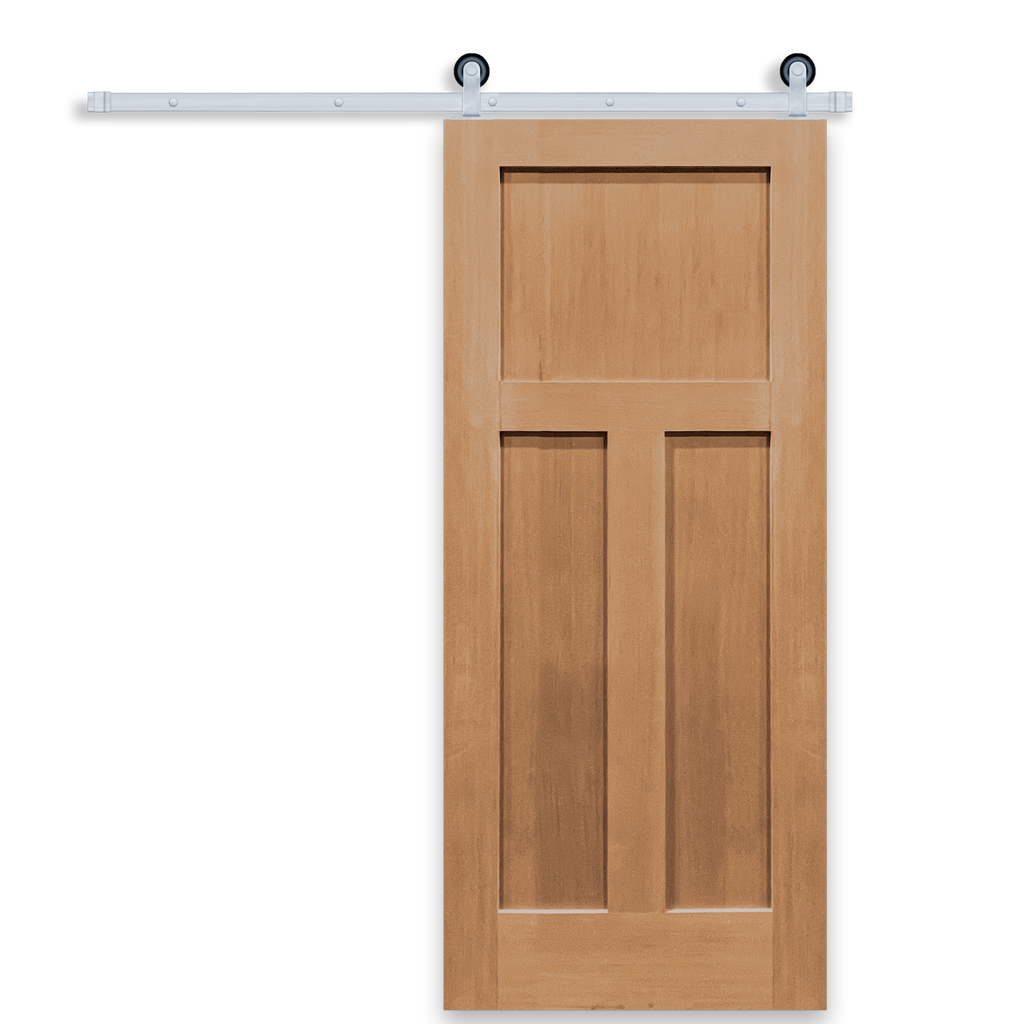 Craftsman Unfinished 3-Panel Vertical Grain Fir Wood Interior Sliding Barn Door with Satin Nickel Hardware Kit.