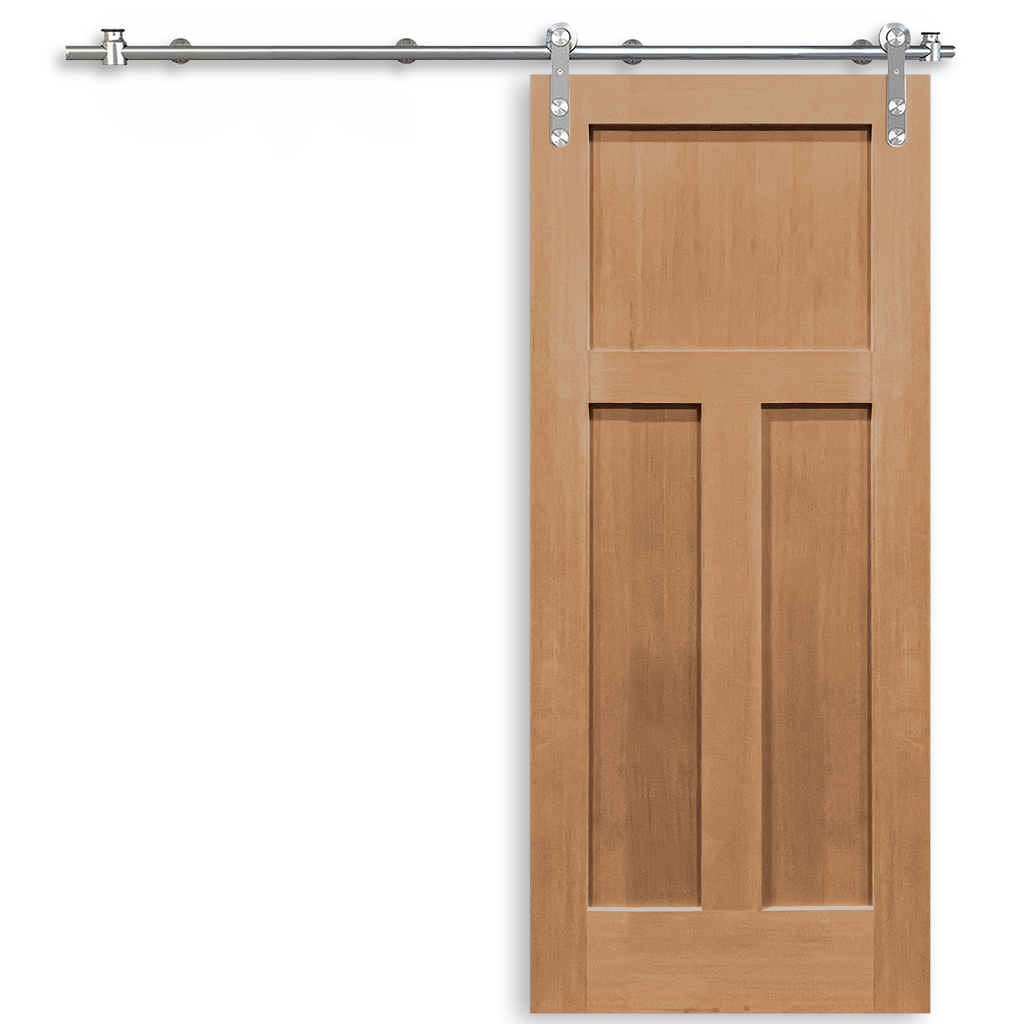 Craftsman Unfinished 3-Panel Vertical Grain Fir Wood Interior Sliding Barn Door with Round Stainless Steel Hardware Kit.