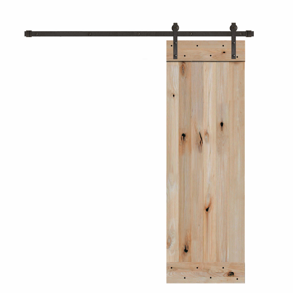 Rustic Unfinished 1-Panel Plank Knotty Pine Sliding Barn Door Kit with Oil-Rubbed Bronze Hardware Kit