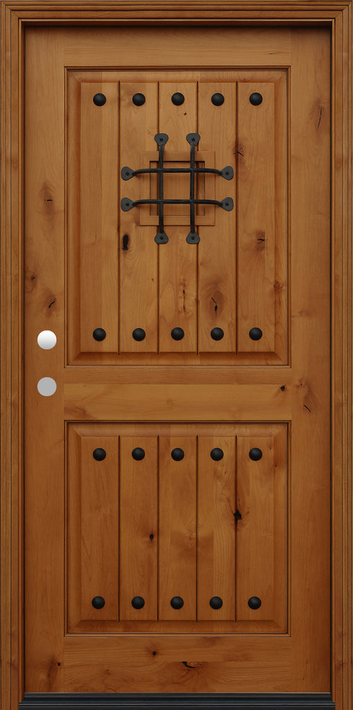 Speakeasy Exterior Door 36" x 80" 2-Panel Square Top V-Grooved Knotty Alder Prefinished Golden Oak Prehung Entry Door. 
