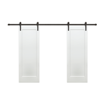 Shaker 1-Panel Primed White Pine Wood Interior Bi-Part Barn Door with Oil Rubbed Bronze Hardware Kit from Pacific Pride.