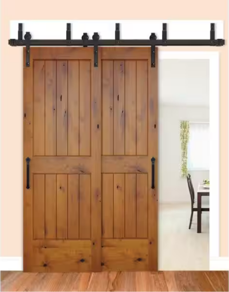 Rustic 2-panel Golden Oak stained American Knotty Alder wood from Washington State Interior Bypass Barn Door with Oil Rubbed Bronze Hardware Kit from Pacific Pride.