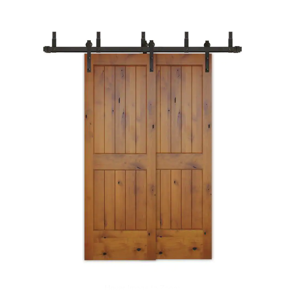 Rustic 2-panel Golden Oak stained American Knotty Alder wood from Washington State Interior Bypass Barn Door with Oil Rubbed Bronze Hardware Kit from Pacific Pride.