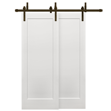 Shaker 1-Panel Primed White Pine Wood Interior Bypass Barn Door with Oil Rubbed Bronze Hardware Kit from Pacific Pride.