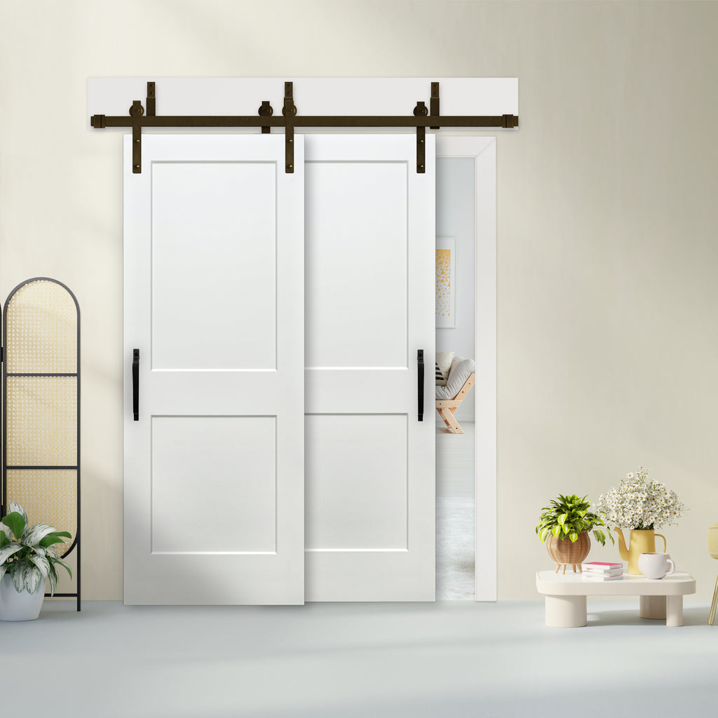 Shaker 2-Panel Primed White Pine Wood Interior Bypass Barn Door with Oil Rubbed Bronze Hardware Kit from Pacific Pride.