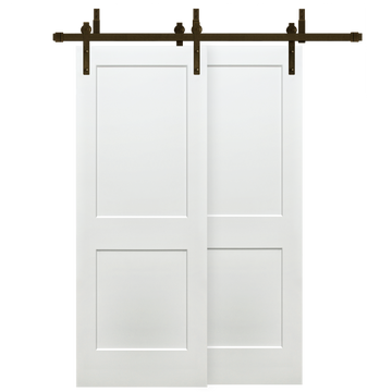 Shaker 2-Panel Primed White Pine Wood Interior Bypass Barn Door with Oil Rubbed Bronze Hardware Kit from Pacific Pride.