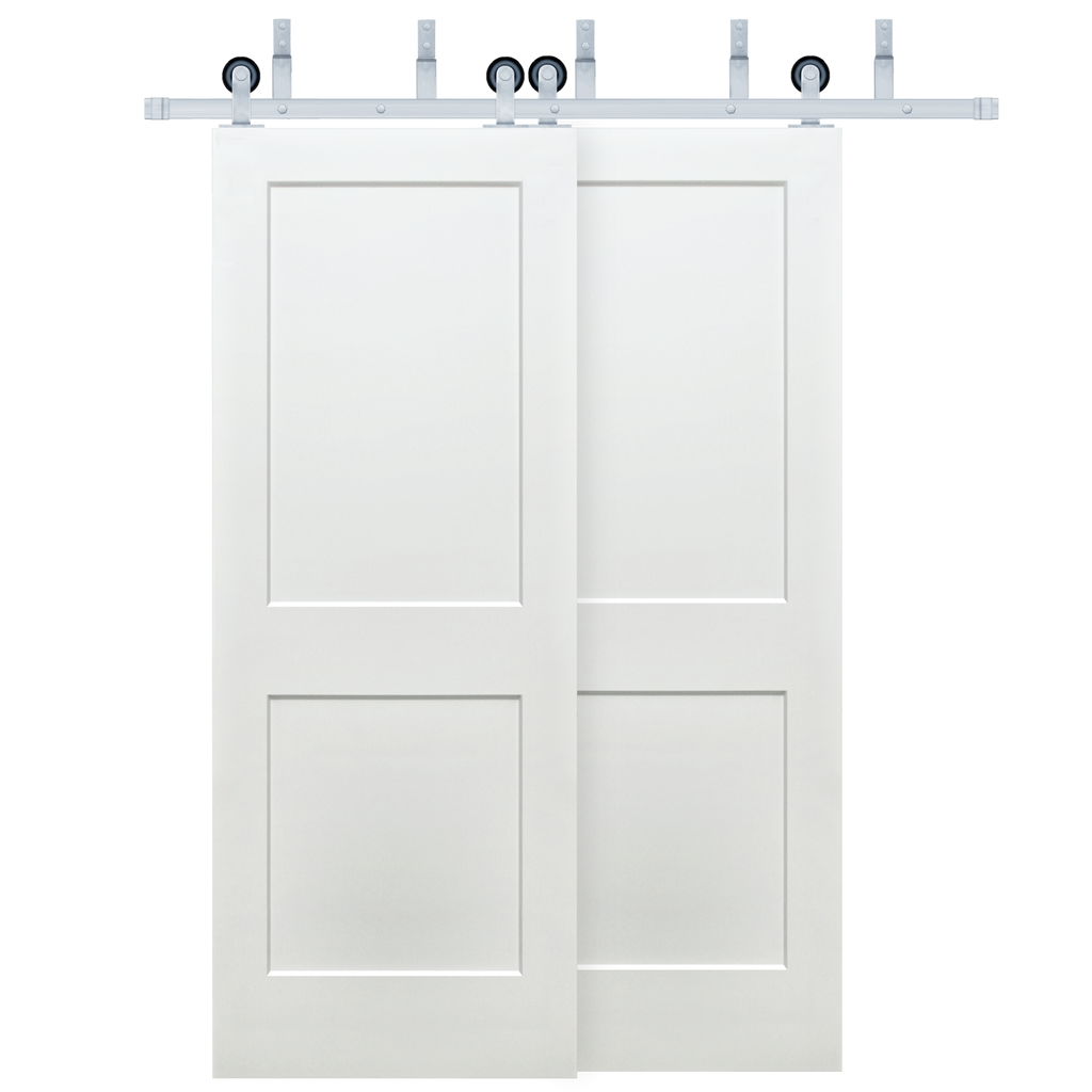 Shaker 2-Panel Primed White Pine Wood Interior Bypass Barn Door with Satin Nickel Hardware Kit from Pacific Pride.