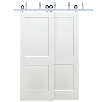 Shaker 2-Panel Primed White Pine Wood Interior Bypass Barn Door with Satin Nickel Hardware Kit from Pacific Pride.