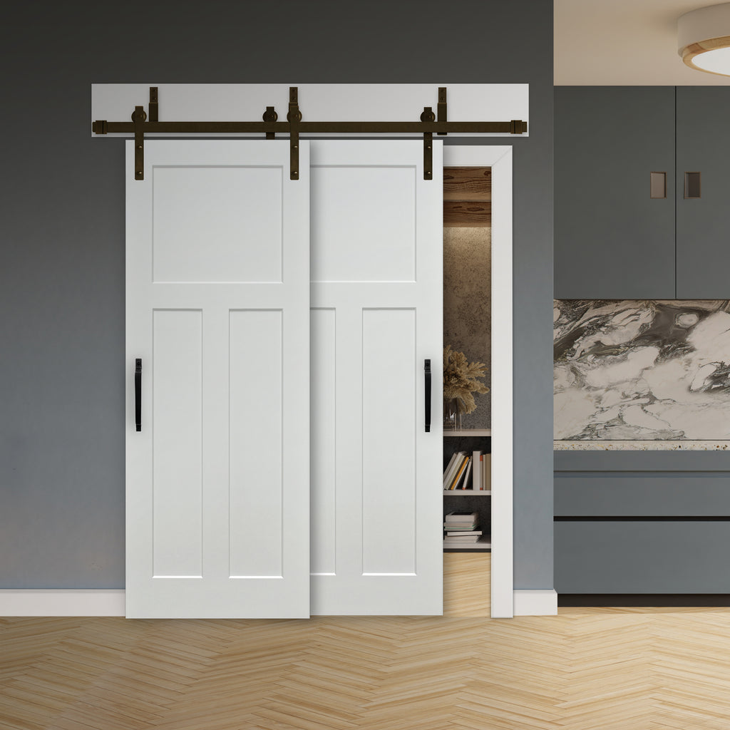 Shaker 3-Panel Primed White Pine Wood Interior Bypass Barn Door with Oil Rubbed Bronze Hardware Kit from Pacific Pride.