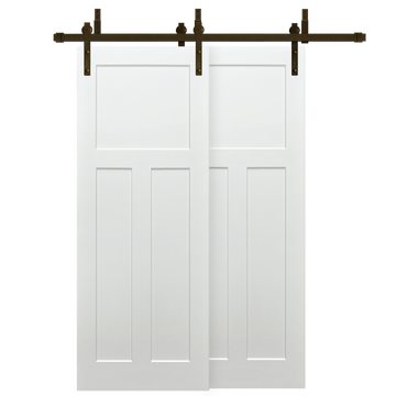 Shaker 3-Panel Primed White Pine Wood Interior Bypass Barn Door with Oil Rubbed Bronze Hardware Kit from Pacific Pride.