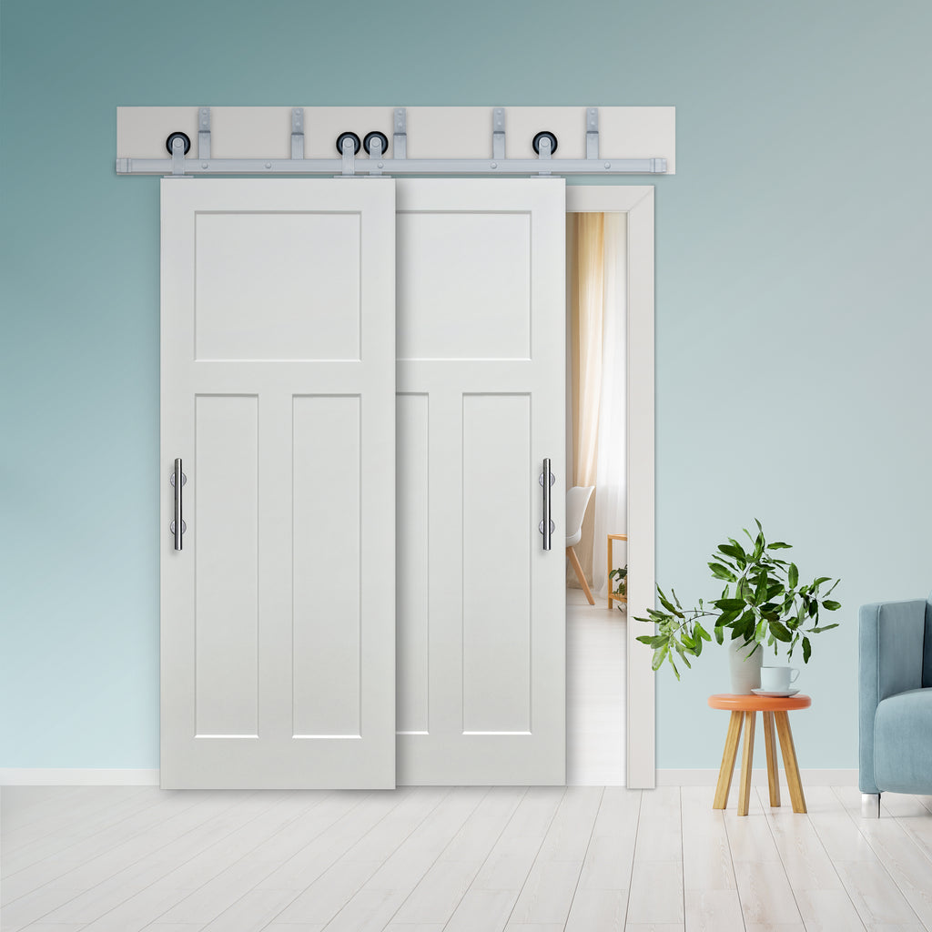 Shaker 3-Panel Primed White Pine Wood Interior Bypass Barn Door with Satin Nickel Hardware Kit from Pacific Pride.