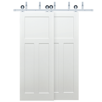 Shaker 3-Panel Primed White Pine Wood Interior Bypass Barn Door with Satin Nickel Hardware Kit from Pacific Pride.