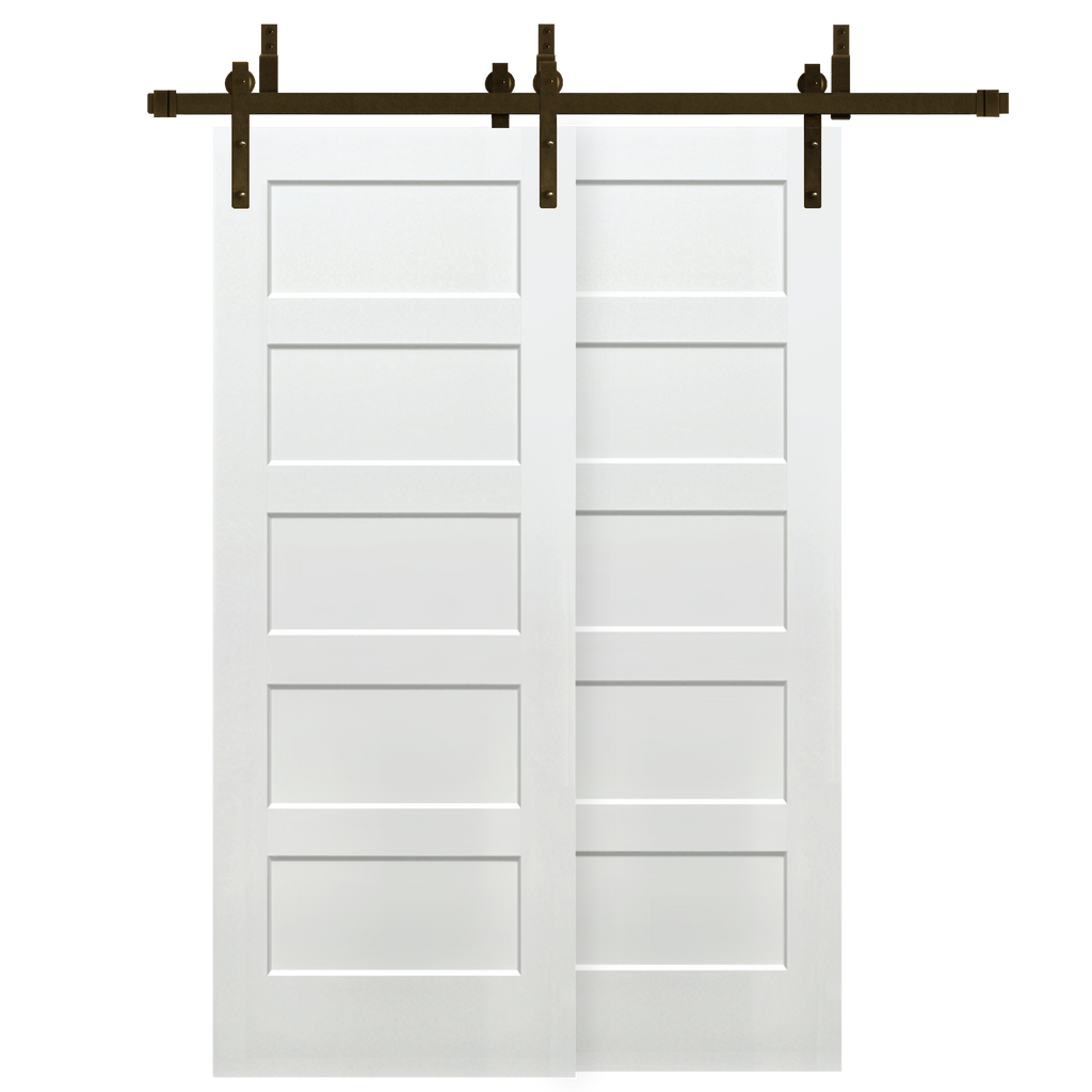Shaker 5-Panel Primed White Pine Wood Interior Bypass Barn Door with Oil Rubbed Bronze Hardware Kit from Pacific Pride.