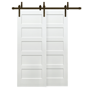 Shaker 5-Panel Primed White Pine Wood Interior Bypass Barn Door with Oil Rubbed Bronze Hardware Kit from Pacific Pride.