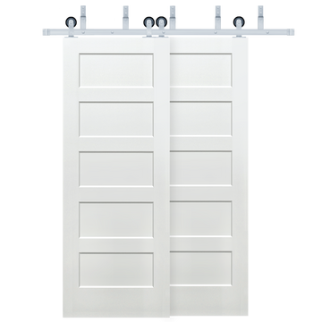 Shaker 5-Panel Primed White Pine Wood Interior Bypass Barn Door with Satin Nickel Hardware Kit from Pacific Pride.