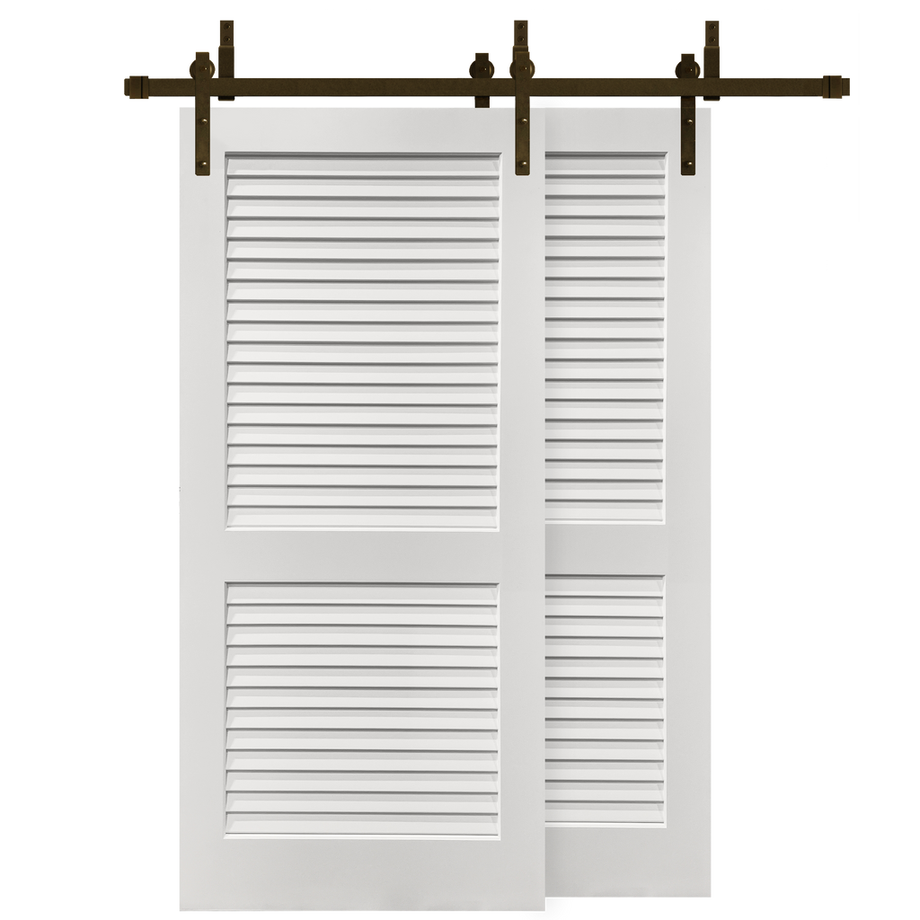 Plantation Louver 2-Panel Primed White Pine Wood Interior Bypass Barn Door with Oil Rubbed Bronze Hardware Kit from Pacific Pride.