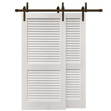 Plantation Louver 2-Panel Primed White Pine Wood Interior Bypass Barn Door with Oil Rubbed Bronze Hardware Kit from Pacific Pride.