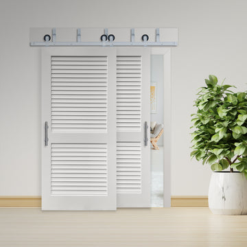 Plantation Louver 2-Panel Primed White Pine Wood Interior Bypass Barn Door with Satin Nickel Hardware Kit from Pacific Pride.