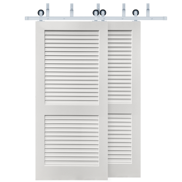 Plantation Louver 2-Panel Primed White Pine Wood Interior Bypass Barn Door with Satin Nickel Hardware Kit from Pacific Pride.