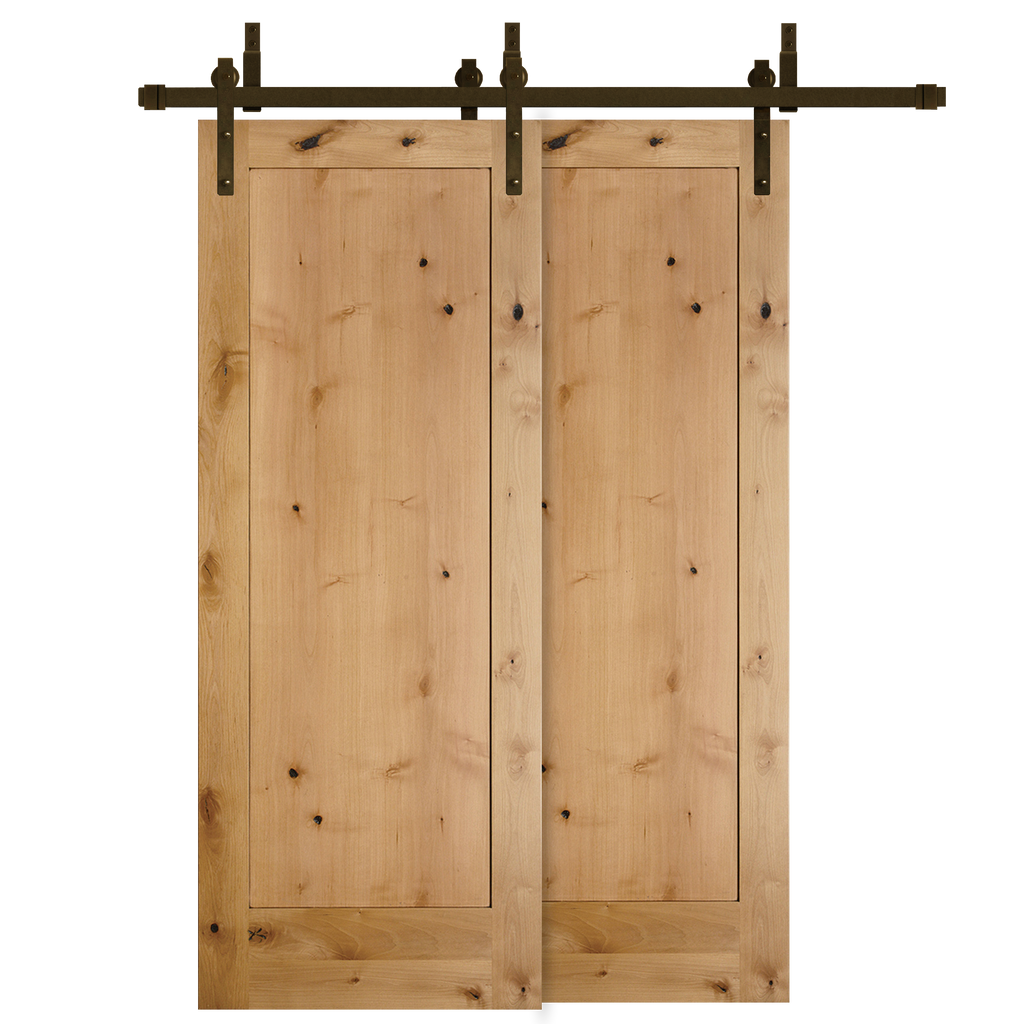 Rustic 1-Panel Unfinished American Knotty Alder Wood Interior Bypass Barn Door with Oil Rubbed Bronze Hardware Kit from Pacific Pride.