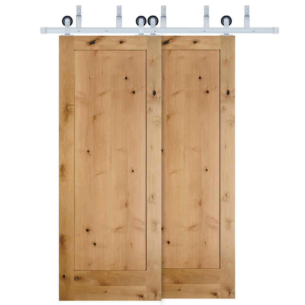 Rustic 1-Panel Unfinished American Knotty Alder Wood Interior Bypass Barn Door with Satin Nickel Hardware Kit from Pacific Pride.
