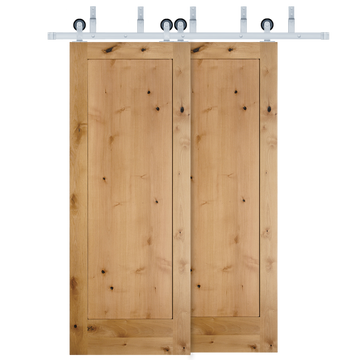 Rustic 1-Panel Unfinished American Knotty Alder Wood Interior Bypass Barn Door with Satin Nickel Hardware Kit from Pacific Pride.