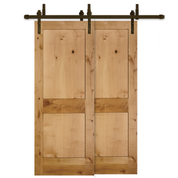 Rustic 2-Panel Unfinished American Knotty Alder Wood Interior Bypass Barn Door with Oil Rubbed Bronze Hardware Kit from Pacific Pride.