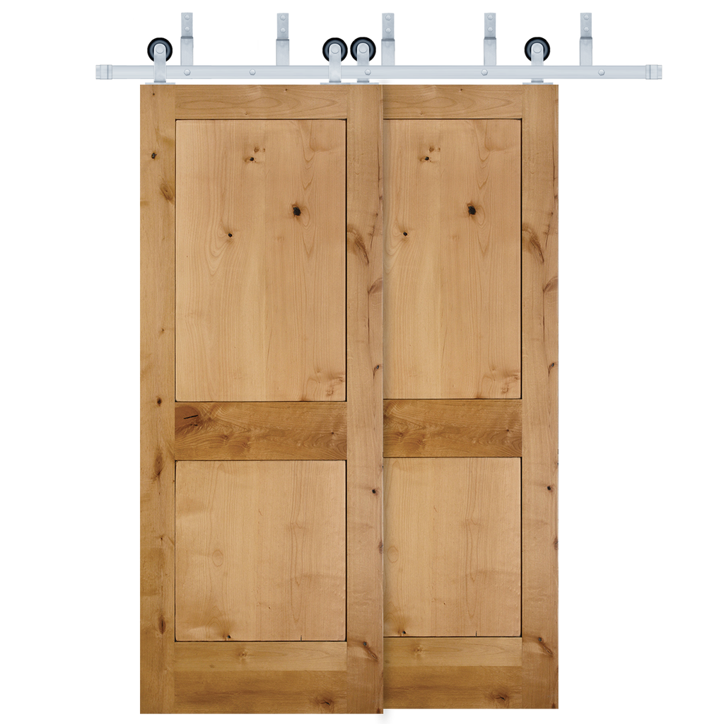 Rustic 2-Panel Unfinished American Knotty Alder Wood Interior Bypass Barn Door with Satin Nickel Hardware Kit from Pacific Pride.