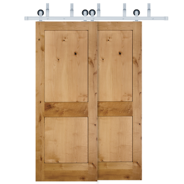 Rustic 2-Panel Unfinished American Knotty Alder Wood Interior Bypass Barn Door with Satin Nickel Hardware Kit from Pacific Pride.