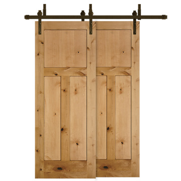 Rustic 3-Panel Unfinished American Knotty Alder Wood Interior Bypass Barn Door with Oil Rubbed Bronze Hardware Kit from Pacific Pride.