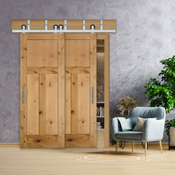 Rustic 3-Panel Unfinished American Knotty Alder Wood Interior Bypass Barn Door with Satin Nickel Hardware Kit from Pacific Pride.