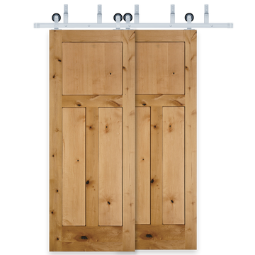 Rustic 3-Panel Unfinished American Knotty Alder Wood Interior Bypass Barn Door with Satin Nickel Hardware Kit from Pacific Pride.