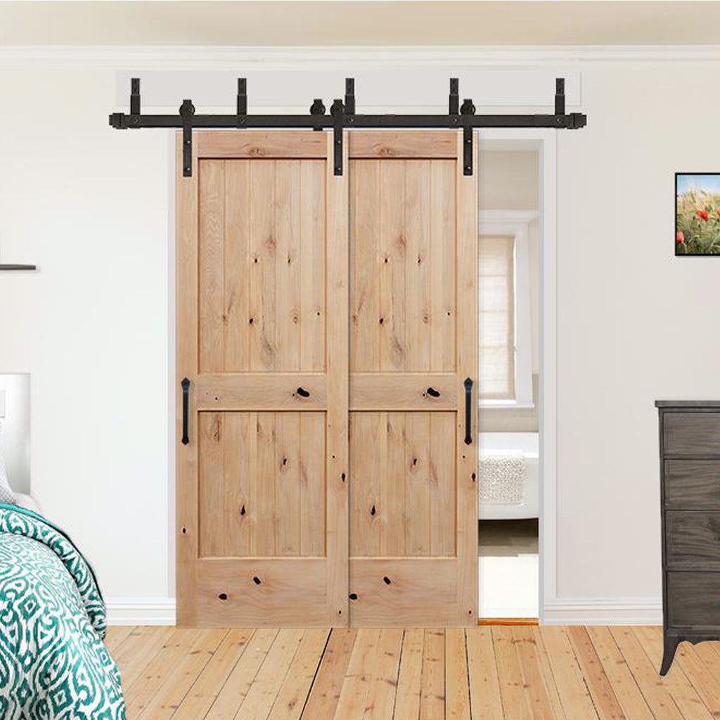 Rustic 2-panel unfinished American Knotty Alder wood from Washington State Interior Bypass Barn Door with Oil Rubbed Bronze Hardware Kit from Pacific Pride.