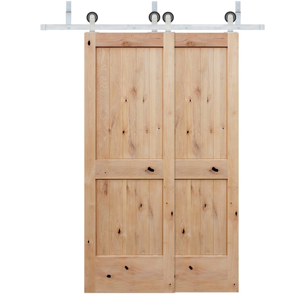 Rustic 2-panel unfinished American Knotty Alder wood from Washington State Interior Bypass Barn Door with Satin Nickel Hardware Kit from Pacific Pride.